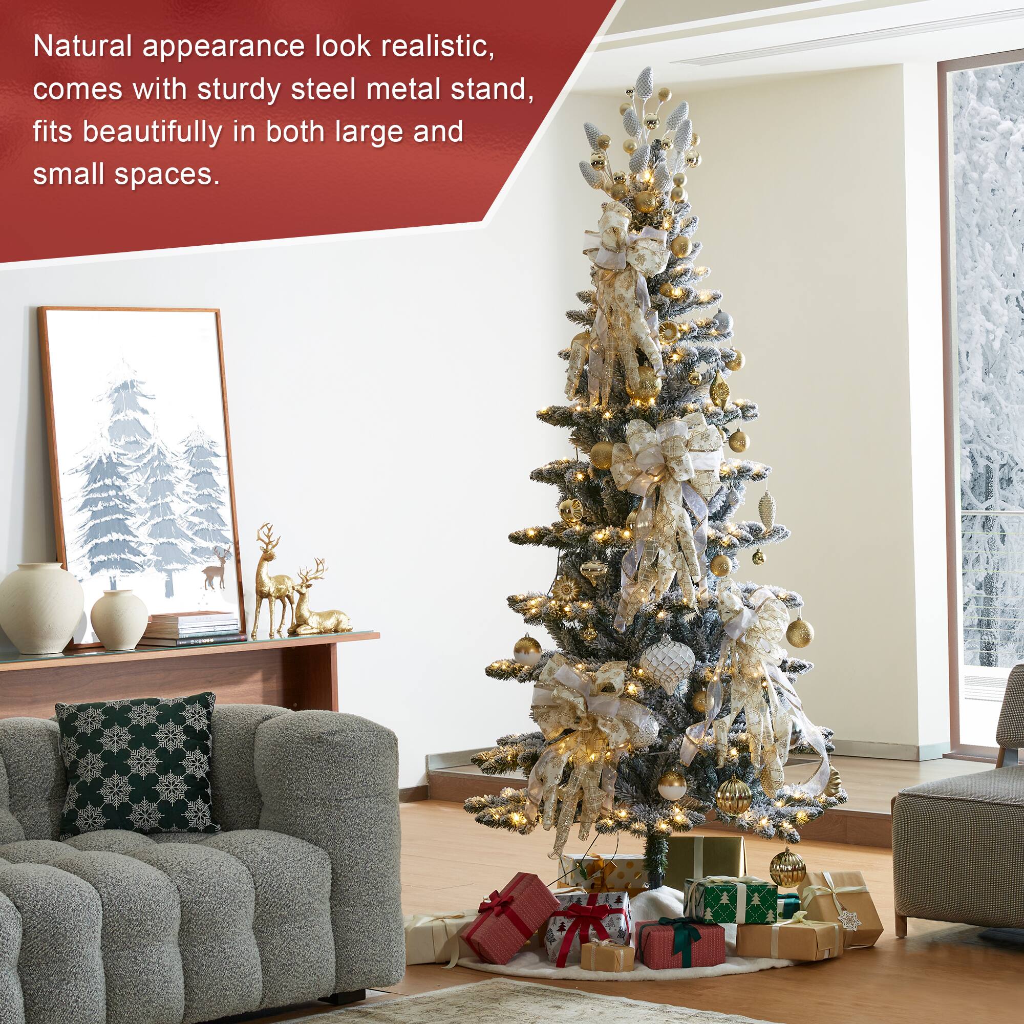 7.5ft. Pre-Lit Flocked Slim Spruce Artificial Christmas Tree, Warm White LED Lights
